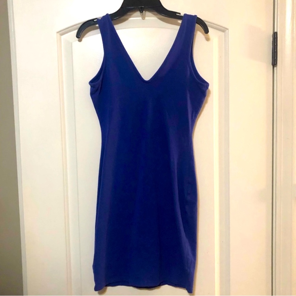 Blue Cotton V-Neck Bodycon Dress